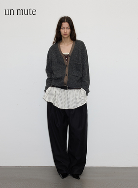 UN MUTE24FW 羊毛混纺复古彩点纱撞色门襟设计牛角扣羊毛针织开衫