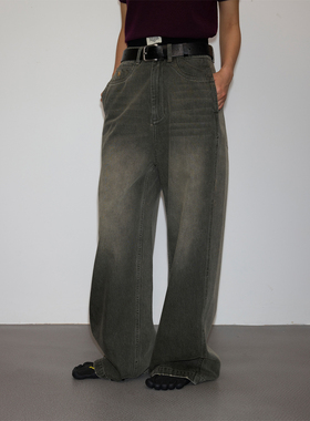 UN MUTE25FW 全棉烟绿色虚拟弯插袋做旧洗水阔腿牛仔长裤
