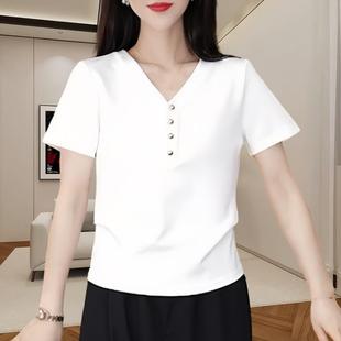 洋气显瘦上衣 正肩短袖 t恤女2024夏季 新款 v领轻奢收腰设计上衣时尚