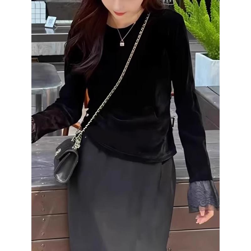 黑色丝绒长袖t恤打底衫女款大码胖MM2025新款早秋超好看单穿上衣