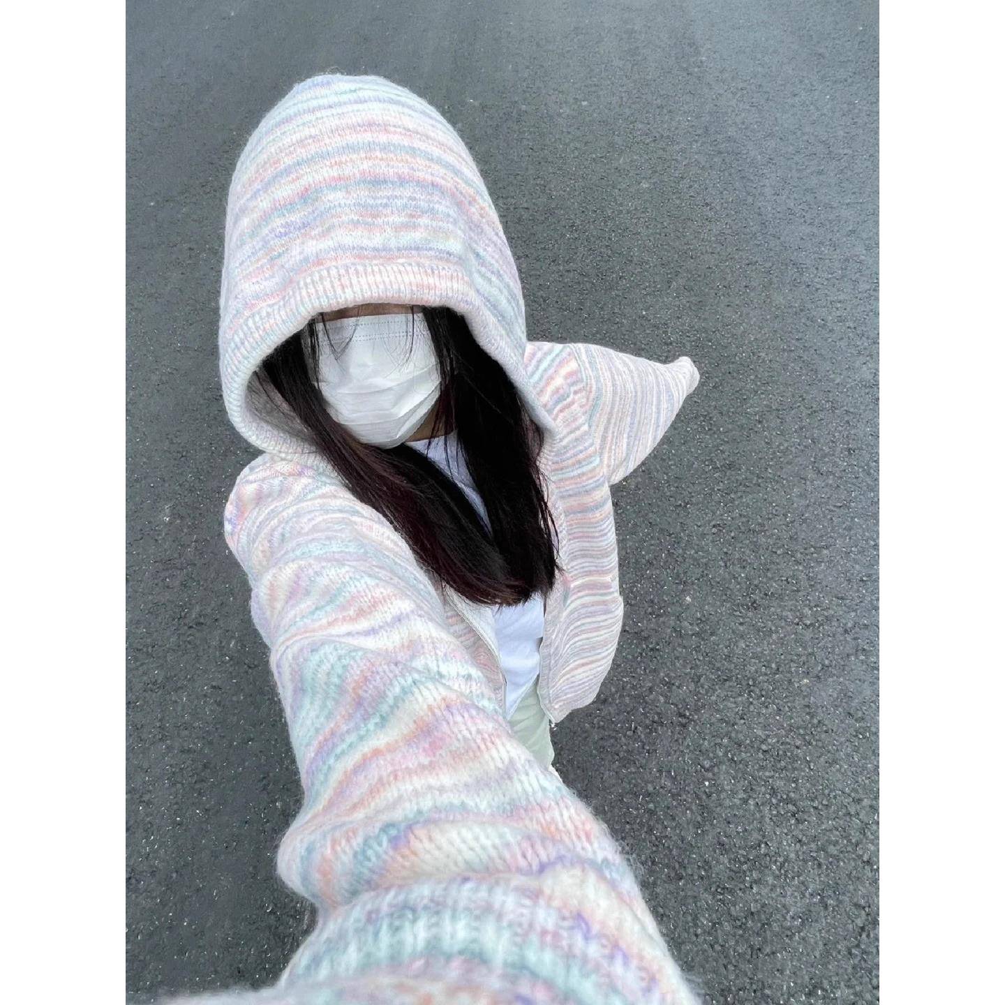 懒懒拉炼连帽毛衣女子开衫初秋宽松条纹原宿风格苗条和别致的底衬