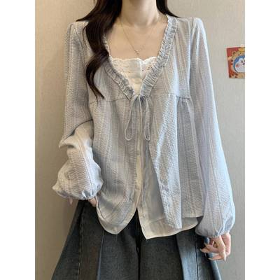 法式系带木耳边V领长袖衬衫女春秋微胖大码设计感假两件减龄上衣