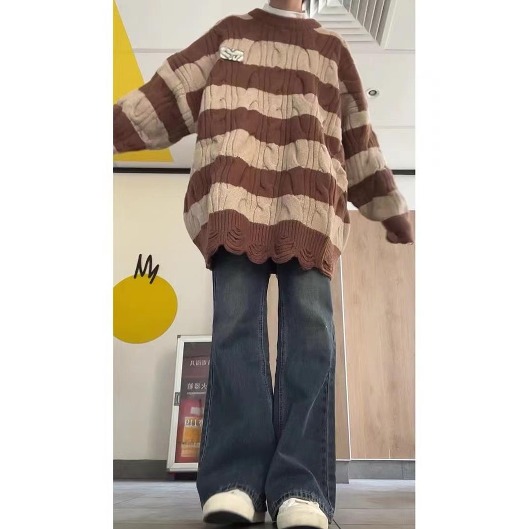 条纹毛衣女秋冬宽松慵懒风oversize日系覆古小众设计感针织衫外套