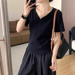 微胖mm宽松设计感体恤上衣 纯棉V领正肩短袖 T恤女2025夏季 新款 大码