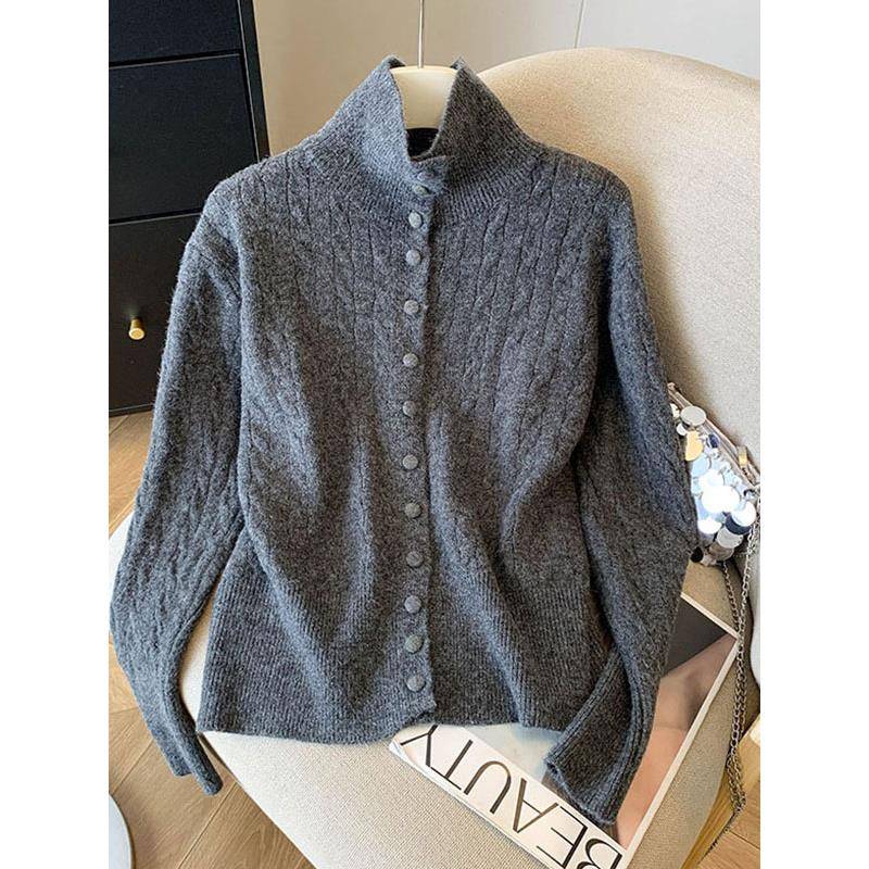 麻花单排扣高领打底毛衣女秋季2025新款百搭减龄针织开衫女士外套