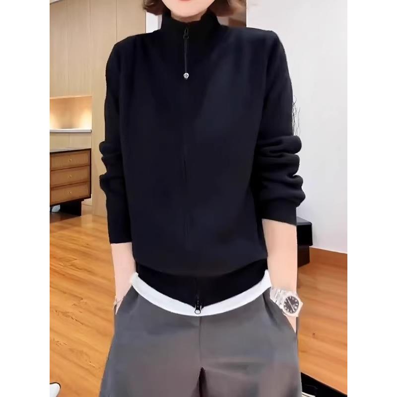 大码女装高级感黑色立领双拉炼针织开衫早秋胖mm遮肚显瘦外套上衣