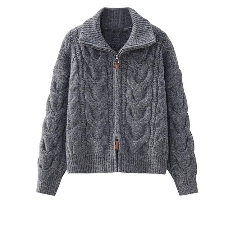 慵懒风麻花拉链毛衣外套秋冬女小个子翻领短款设计感针织开衫上衣