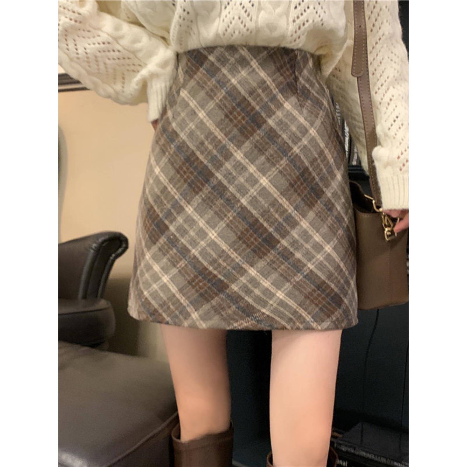 大码复古格子毛呢半身裙冬季新款包臀A字裙子胖mm高腰显瘦短裙女