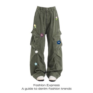 大码胖mm美式复古花朵刺绣多口袋工装牛仔裤女秋冬宽松阔腿拖地裤