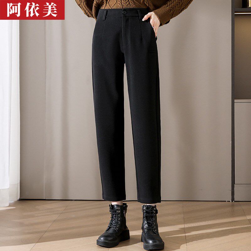 毛呢哈伦裤女九分2024秋冬新款宽松加绒加厚萝卜裤小个子休闲裤子