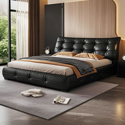 居定现代简约真皮床1.8米双人主卧婚床2米储物大黑熊软包黑色皮床