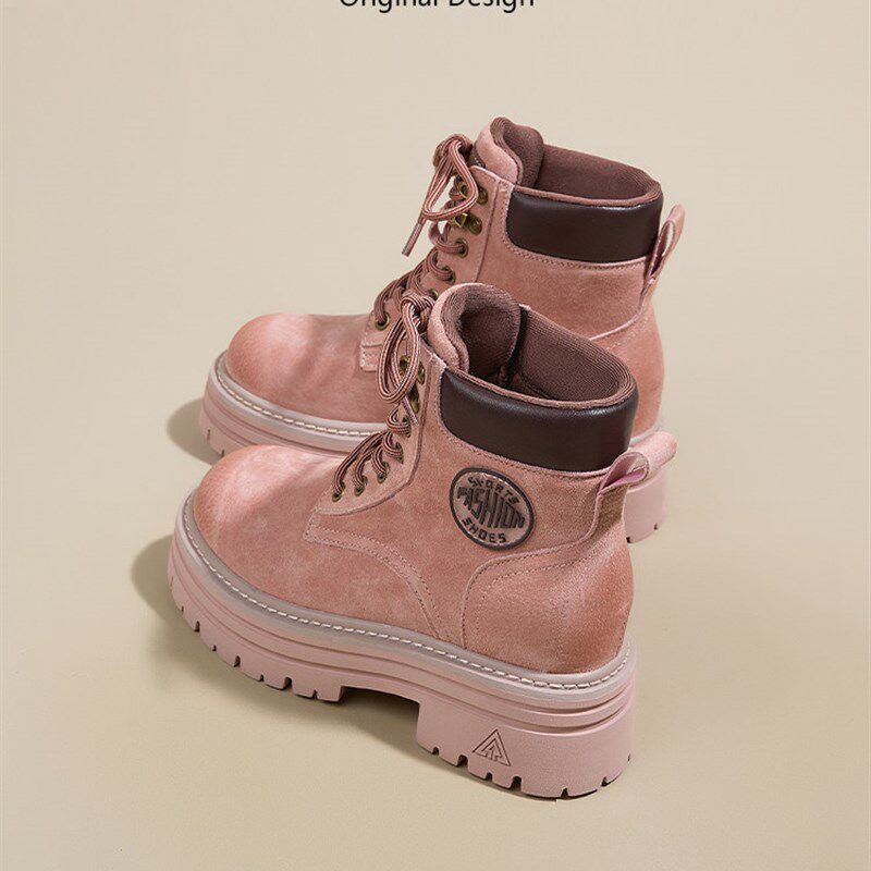 真皮粉色马丁靴女款2025秋冬新款小个子内增高8CM短筒靴子工装靴