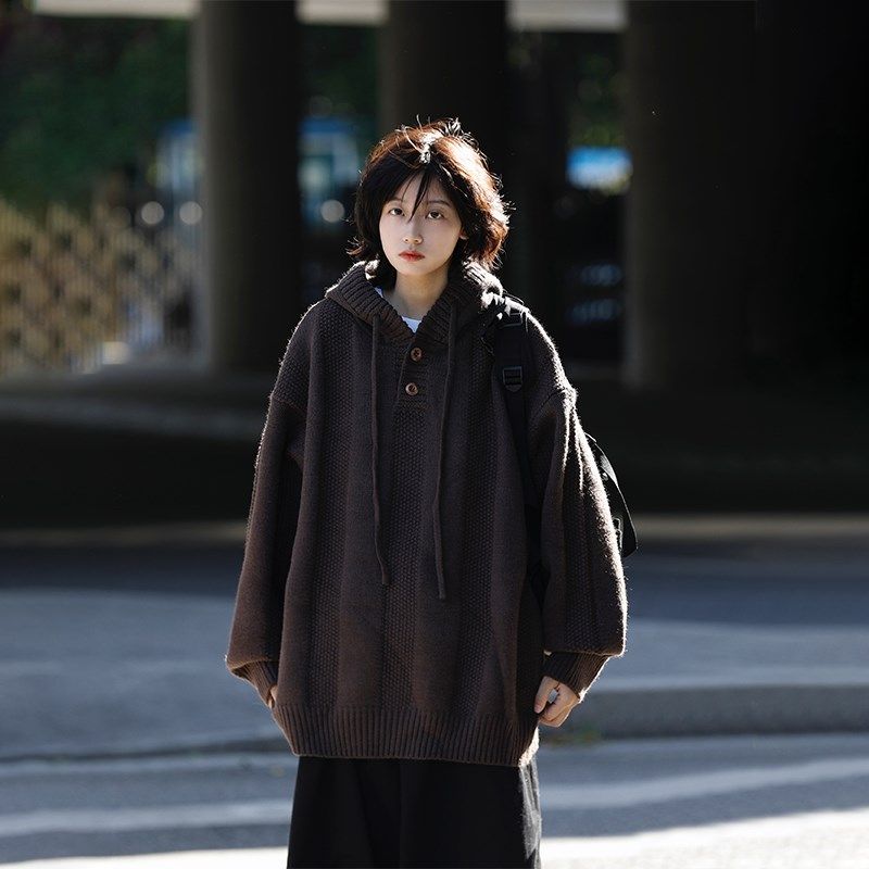 阿于呆日系秋冬纯色麻花保暖连帽毛衣男宽松慵懒针织上衣外套女潮