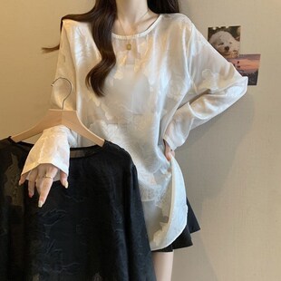 新中式国风醋酸提花雪纺t恤女大码胖mm中长款外搭防晒罩衫夏上衣