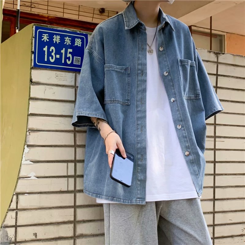 港风复古牛仔衬衫男夏季潮牌翻领纯色短袖衬衣宽松休闲工装薄外套