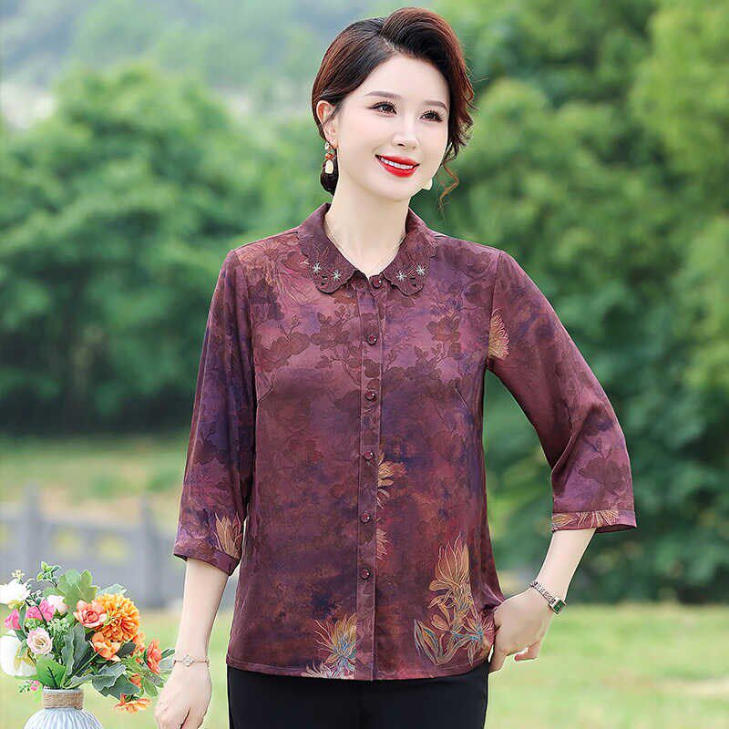 妈妈夏装中国风小衫女T恤中老年人洋气高贵立领唐装上衣七分袖