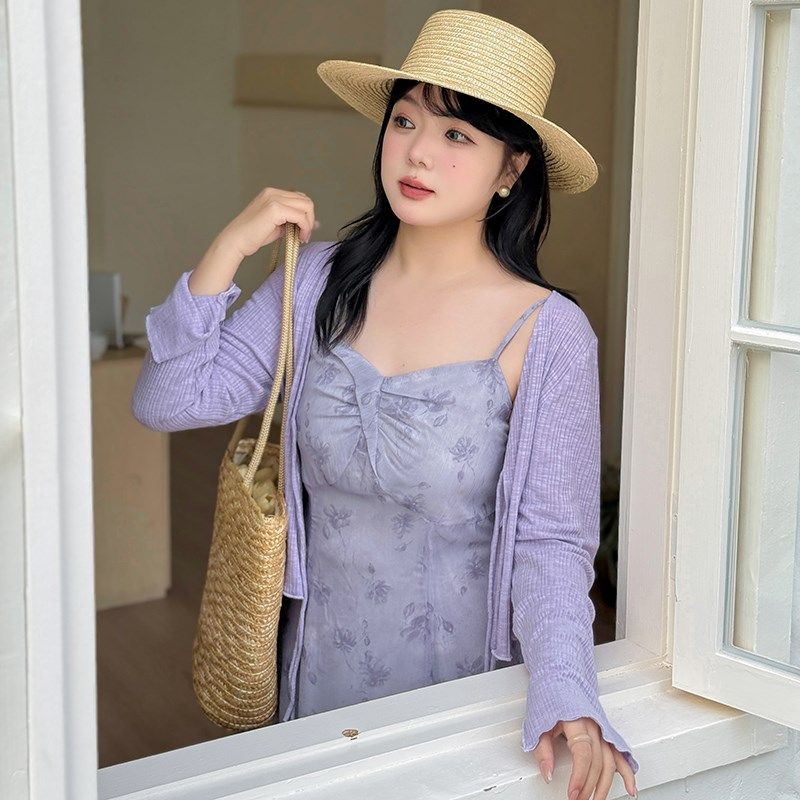 紫色温柔风套装连衣裙大码女装吊带长裙两件套春季微胖女生碎花裙