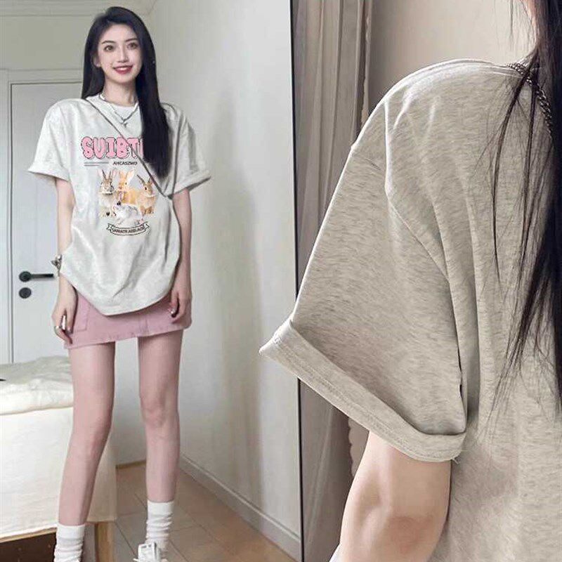 中长款短袖T恤女2025夏季新款美式印花宽松休闲甜美气质半袖上衣