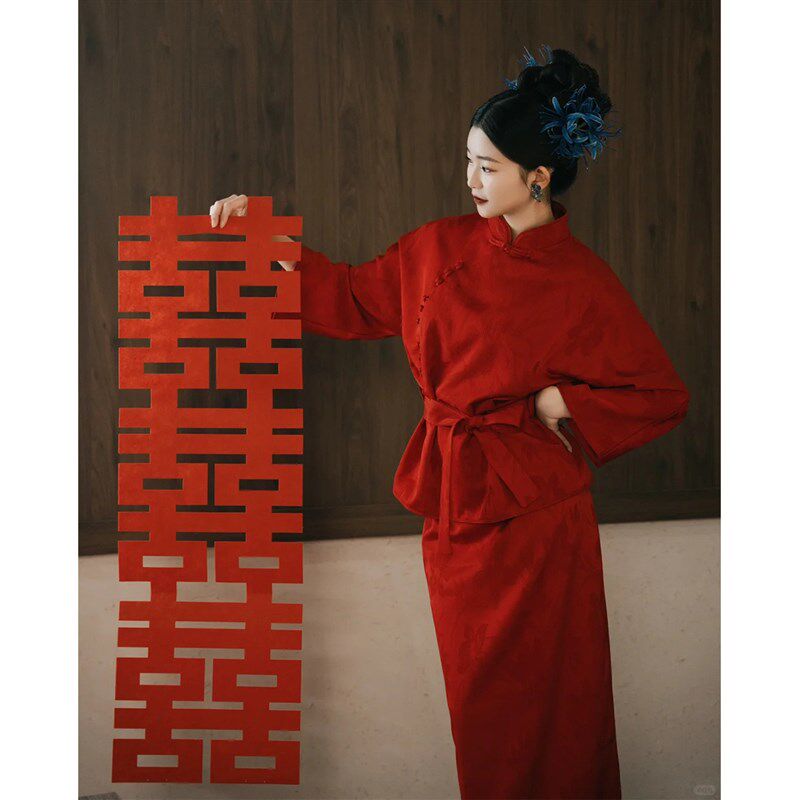 新中式改良旗袍新娘晨袍酒红色复古小个子敬酒服订婚礼服回门套装