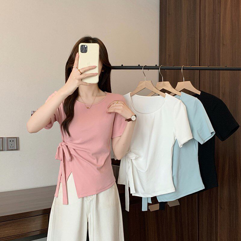 大码女装胖mm短袖正肩T恤2025夏新款显瘦遮肚不规则收腰开叉上衣