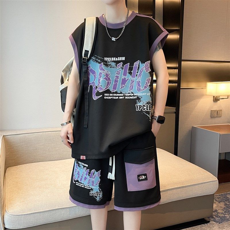 夏季休闲运动套装男生初中生冰丝无袖t恤青少年大童夏装背心短裤