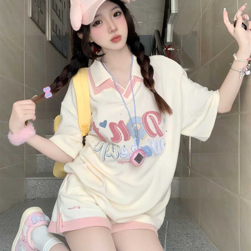 多巴胺少女可爱休闲运动服套装女夏季时尚宽松学生短袖短裤两件套