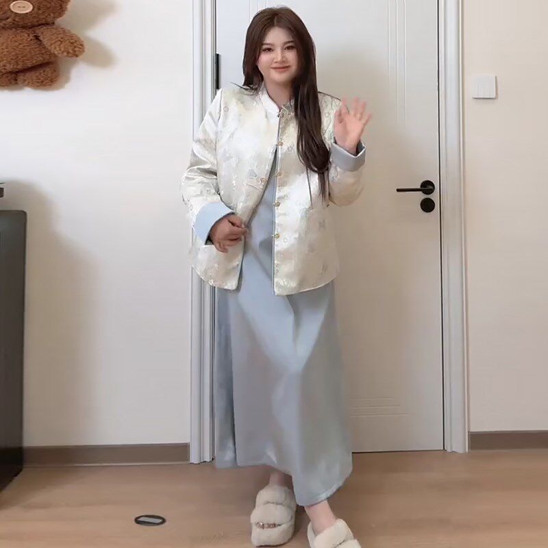 新中式拼接印花外套吊带连衣裙胖mm2025早春新款显瘦宽松大码女装