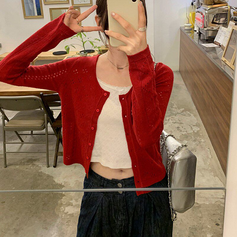 港风复古新年红毛衣女开衫设计感小众镂空早秋正红色针织衫短外套