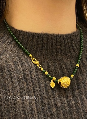 新中式古风设计感碧玉色玉髓龙凤珠短款项链女饰品汉服配饰首饰