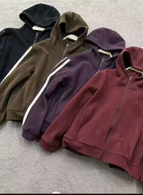 20413加厚双面澳粒绒休闲条纹外套宽松拉链开衫摇粒绒连帽卫衣女