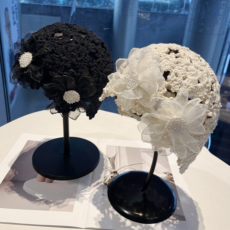 韩系镂空珍珠花朵毛线帽子女手工钩织包头帽薄款优雅显脸小头巾帽