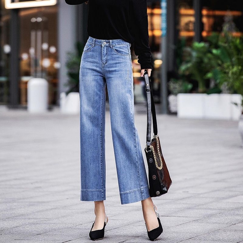 阔腿牛仔裤女刺绣八分裤高腰直筒韩版宽松垂坠感小个子九分裤子夏