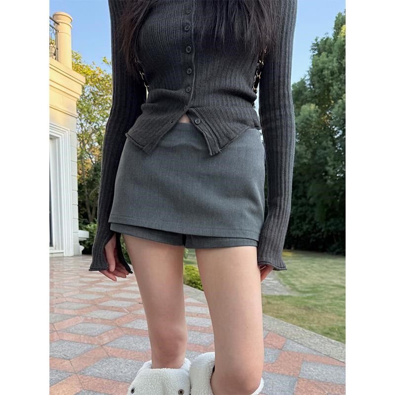 麻头MATOU 高级感休闲百搭三拉链纯色裙裤小众别致修身显瘦短裙