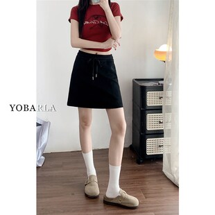 黑色休闲短裙女夏季新款梨形身材大码胖mm遮肚显瘦高腰a字半身裙