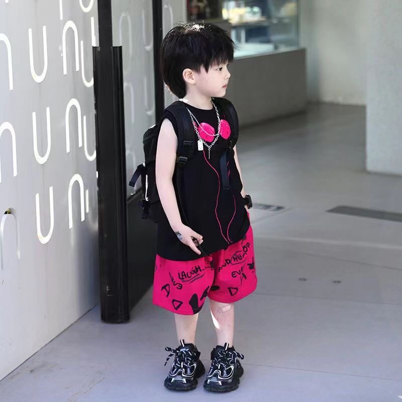 男童无袖套装24夏季薄款潮酷儿童粉色耳机背心两件套帅气宝宝夏装