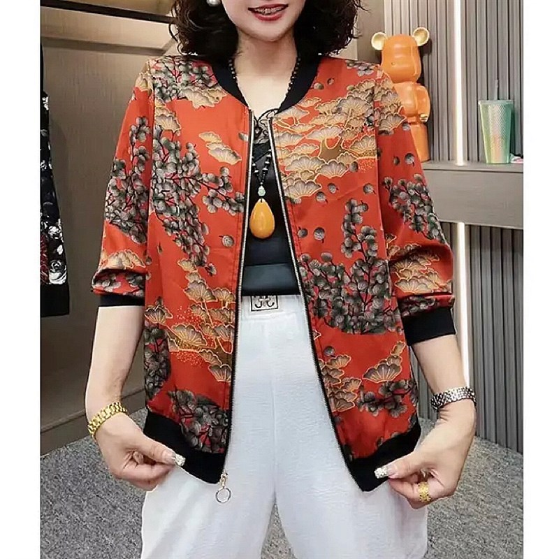 时尚妈妈装雪纺印花开衫长袖外套2023夏季新款大码宽松百搭棒球服