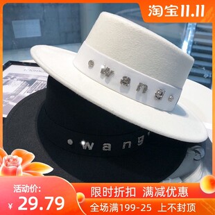 秋冬季 潮牌优雅字母水钻平顶礼帽英伦复古渔夫帽女 毛呢帽子女韩版