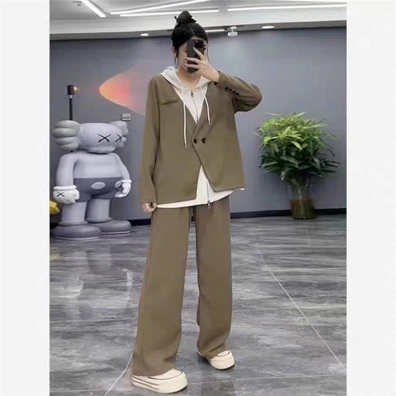 大码慵懒风韩版时尚休闲假两件连帽卫衣套装女秋冬胖MM阔腿两件套