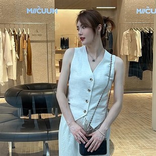 气质马甲夏季薄款女外搭2024年新款修身短款无袖西装亚麻V领背心