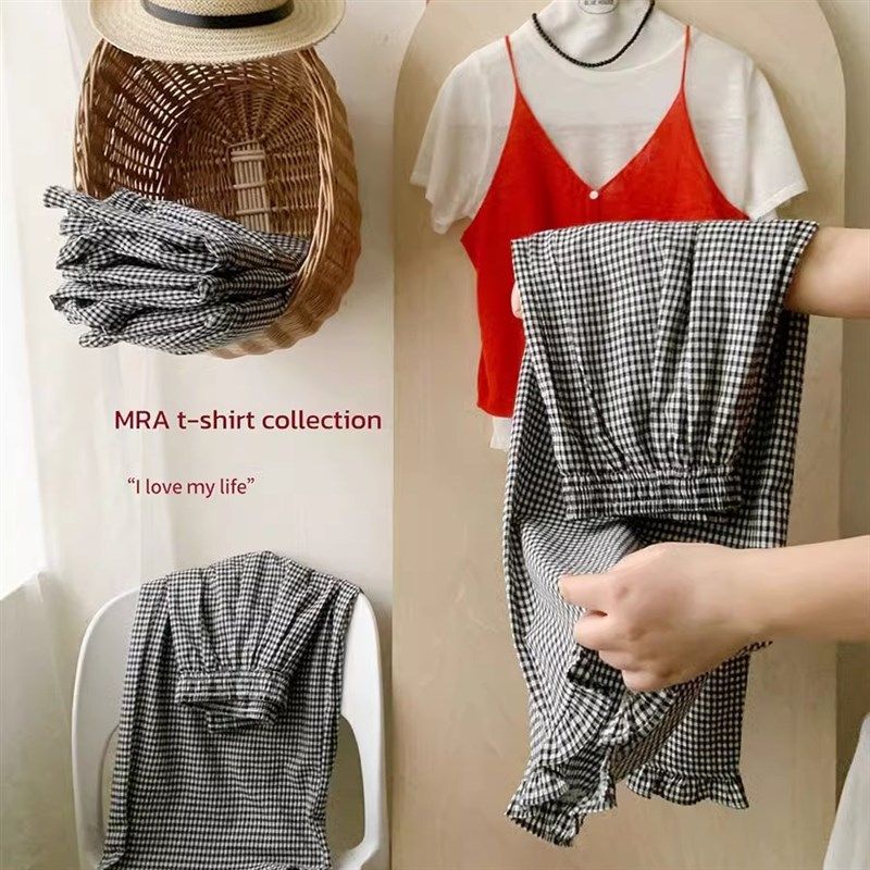 日系复古黑白格子花边麻棉阔腿裤女春夏宽松显瘦木耳边九分休闲裤,女装/女士精品,休闲裤,淘宝优惠券,粉丝福利购,淘宝优惠卷