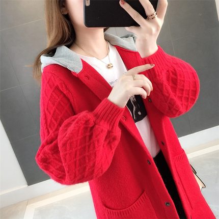 连帽大码韩版宽松纯色毛衣t中长款加厚大衣外套秋冬新款女装针织