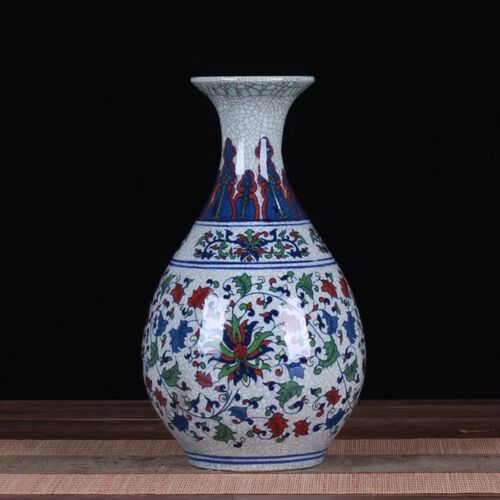 仿古开片官窑裂纹釉花瓶缠枝莲玉壶春瓶 古典家饰工艺品摆件