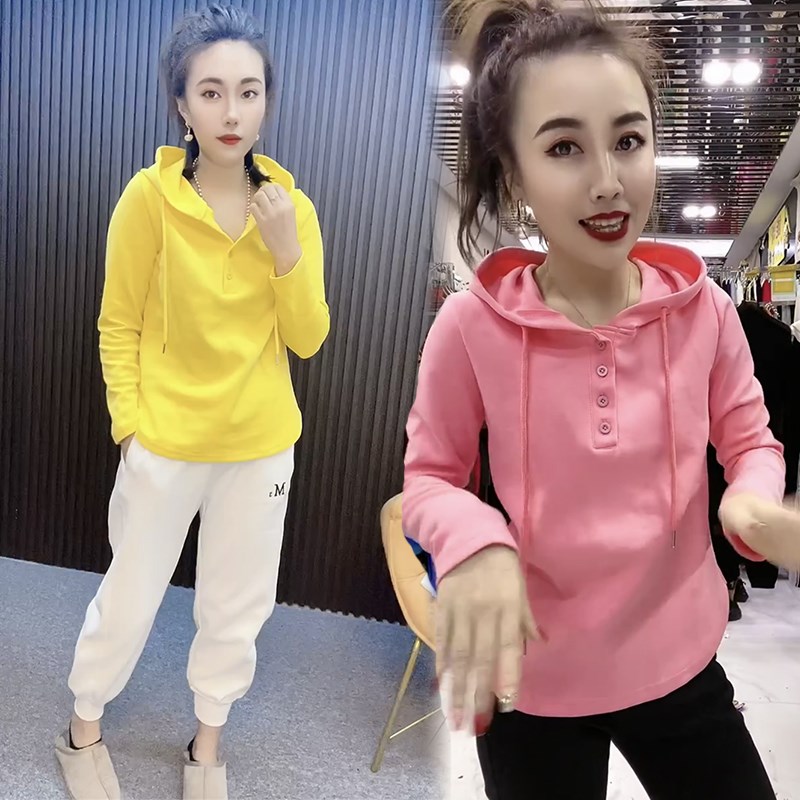 糖果色t恤女2024春长袖套头连帽E气质韩版减龄遮肉洋气百搭打底衫