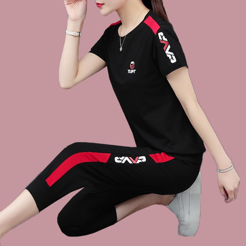 运动套装女夏季2023新款韩版宽松D时尚气质纯棉七分裤休闲两件套