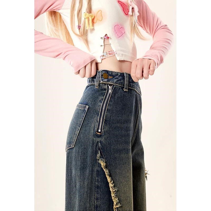 胖mm大码女装侧边拉链毛边牛仔裤女300斤码美式复古减龄阔腿裤子