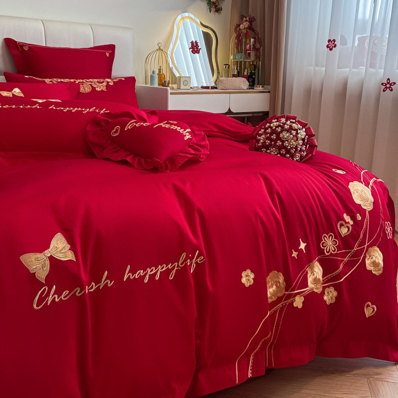 结婚床上用品四件套婚庆纯棉100全棉床单被套大红色喜被新婚嫁房4