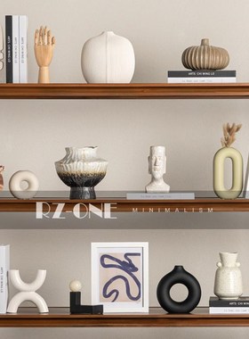 侘寂风民宿桌面小众设计摆件中古酒店陶J瓷花瓶壁龛书架开放格摆