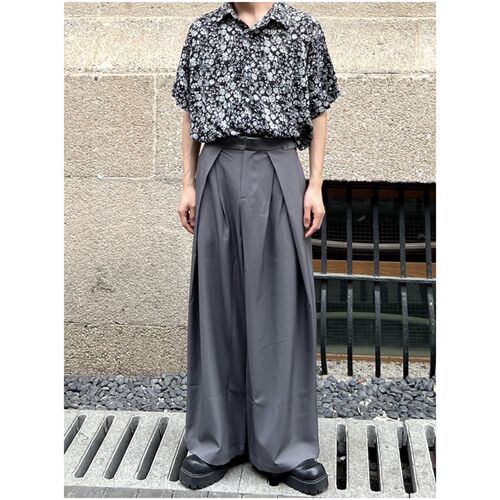 雨东林/设计感褶皱阔腿西裤男夏季E宽松休闲垂感直筒高腰西装裤潮