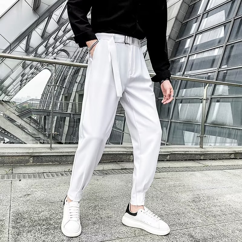 那不勒斯西装裤男夏季薄款高级垂感休闲西裤冰丝拉链束脚九分裤子