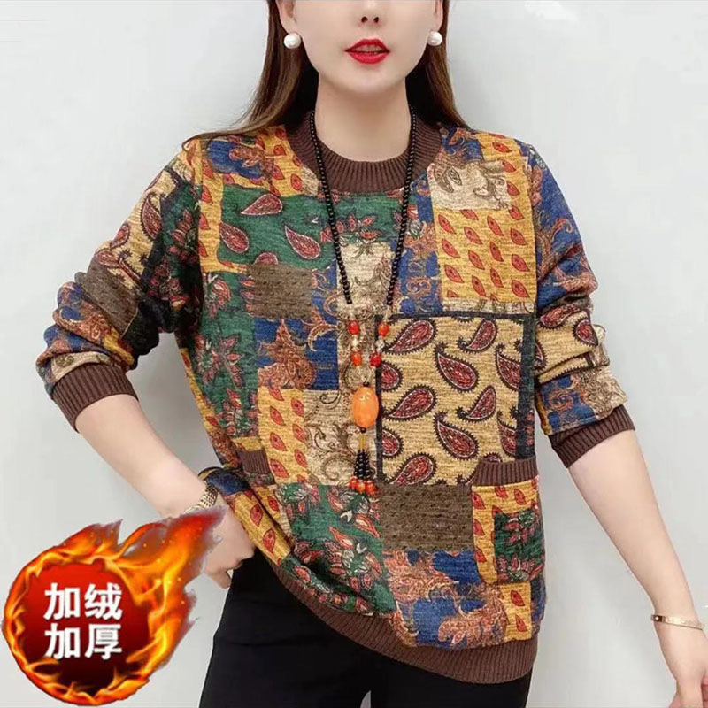 妈妈2021新款中老年加绒加厚女装中年上衣老年Q人打底衫 t恤长袖